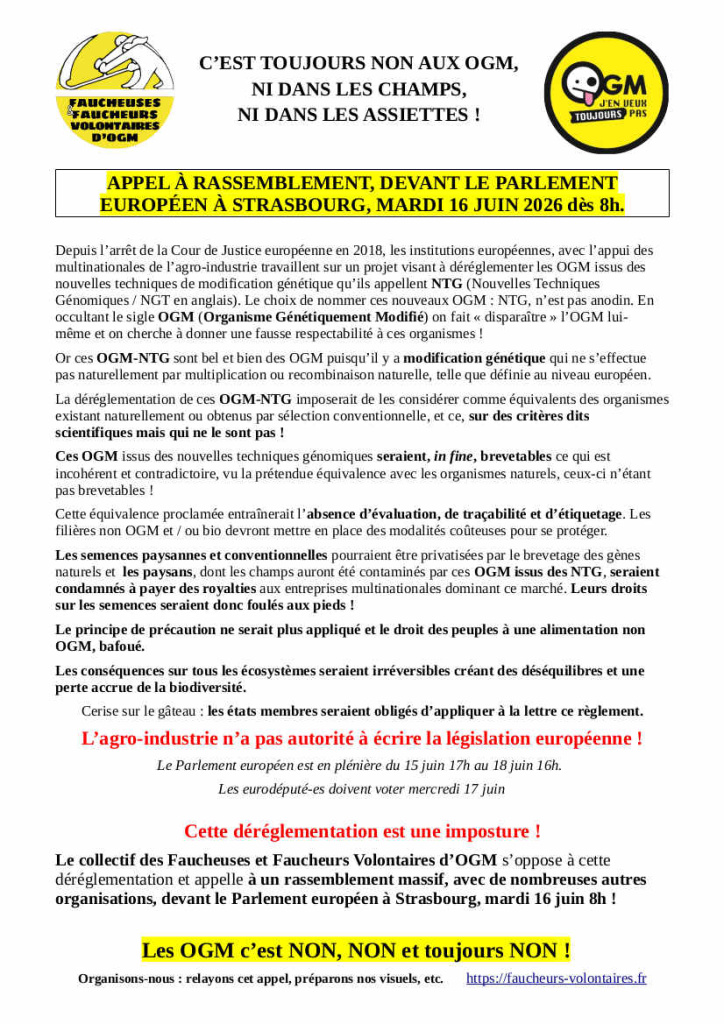 Appel à rassemblement devant le parlement européen de STrasbourg