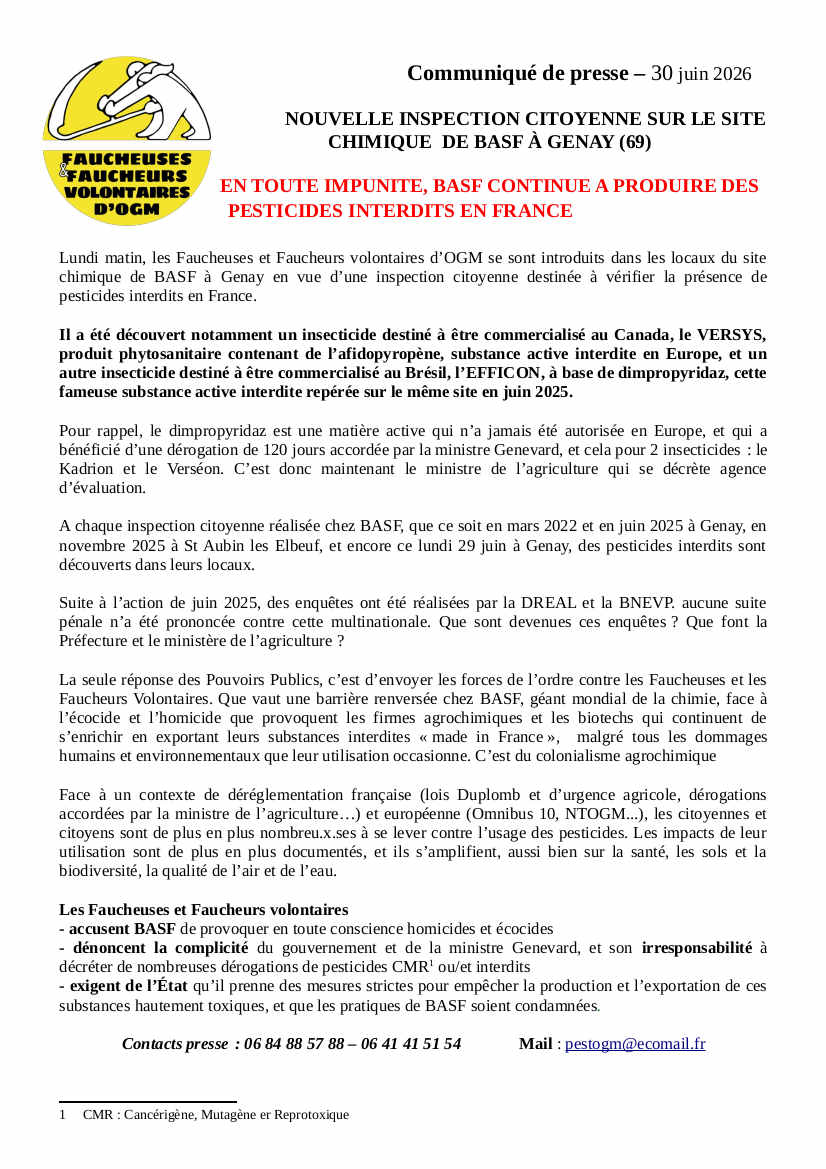 Communiqué de presse des Faucheurs Volontaires 30 juin 2026